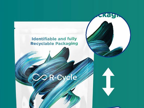 The digital product passport can be accessed via the digital watermarks hidden in the printed image of this All-PE pouch.